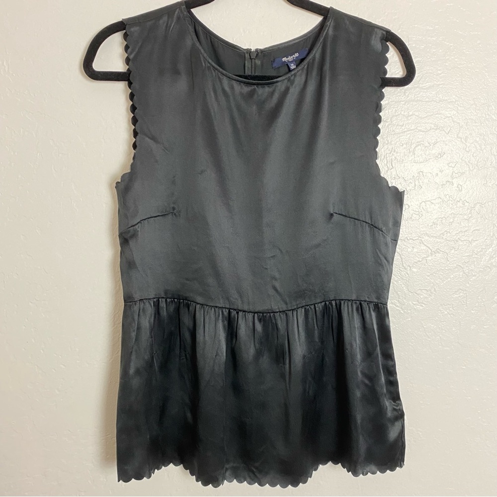 Madewell Black Silk Peplum Top Scallop Edge Medium